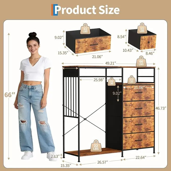 Adult Bedroom Wardrobe 6 Drawers LED Lighting Charging Station Sturdy Iron Frame Wooden Surface Clothes Wardrobe