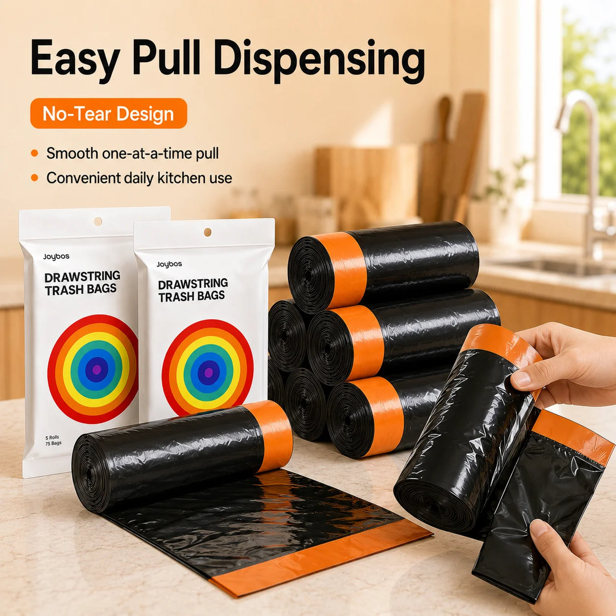 Joybos Easy Pull Drawstring Trash Bags, 2 Packs 150 Count