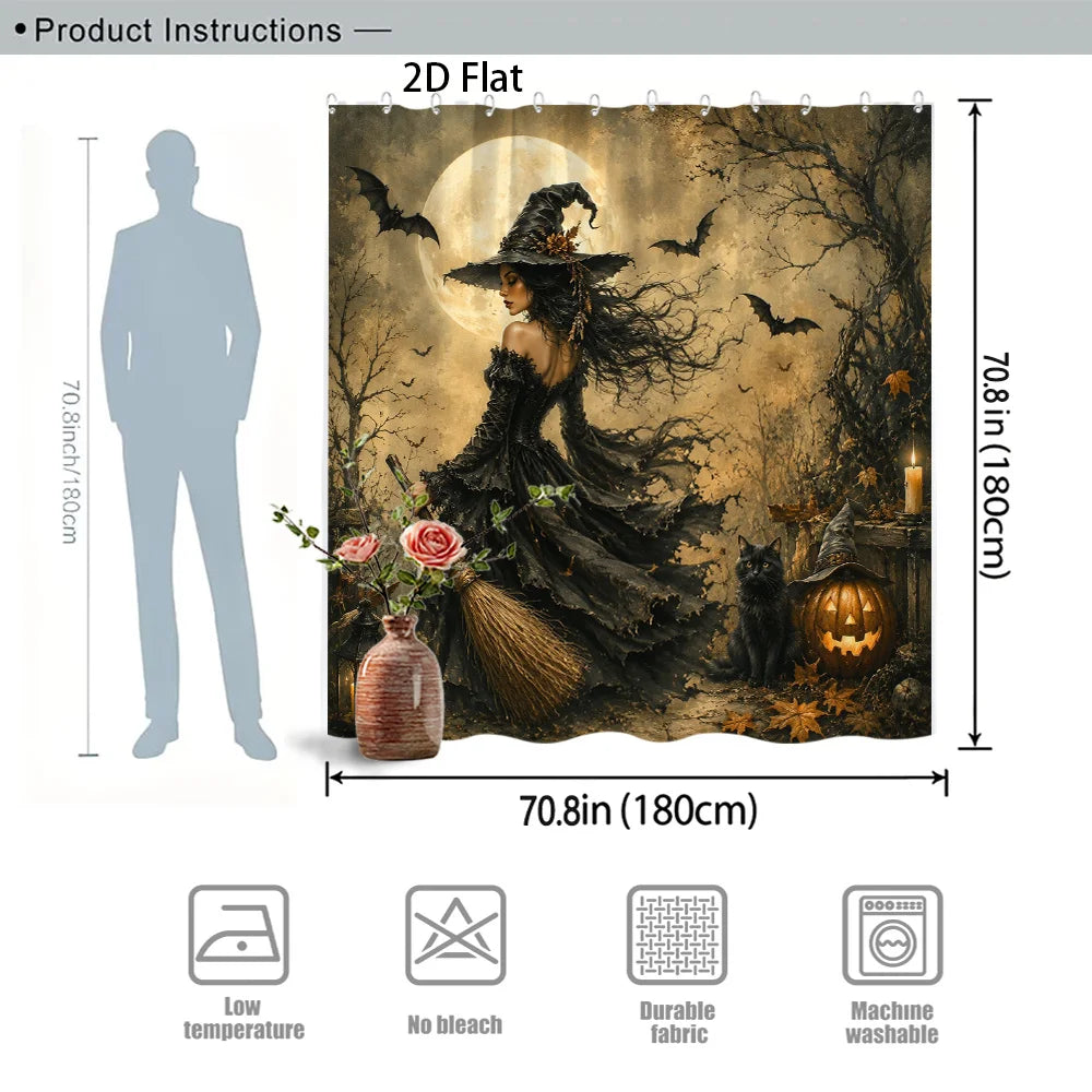 1pc Halloween Witch Themed Shower Curtain Black Cat Broomstick Moonlight And Bats Spooky Bathroom Decor Polyester Fabric Bath Hanging Curtain 70.8X70.8 Inch with Hooks