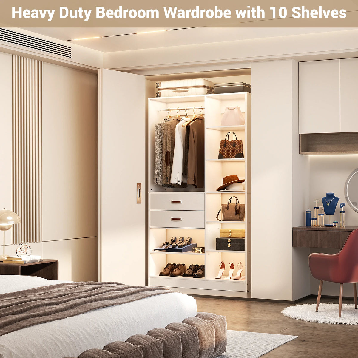 40 Inches Freestanding Closet System with 10 Shelves, 80'' Height Adjustable Cloth Garment Rack with 2 Wood Drawers