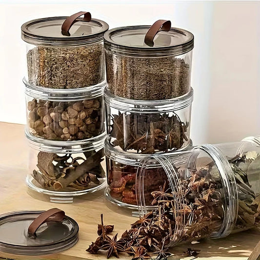 2Pcs Three-Layer Round Spice Storage Box, Grain Storage Jar, Pepper And Seasoning Container, Multi-Layer Transparent Sealed Preservation Box, Made of Food-Grade Material, Reusable Container, Suitable for Grains, Cereals, Snac
