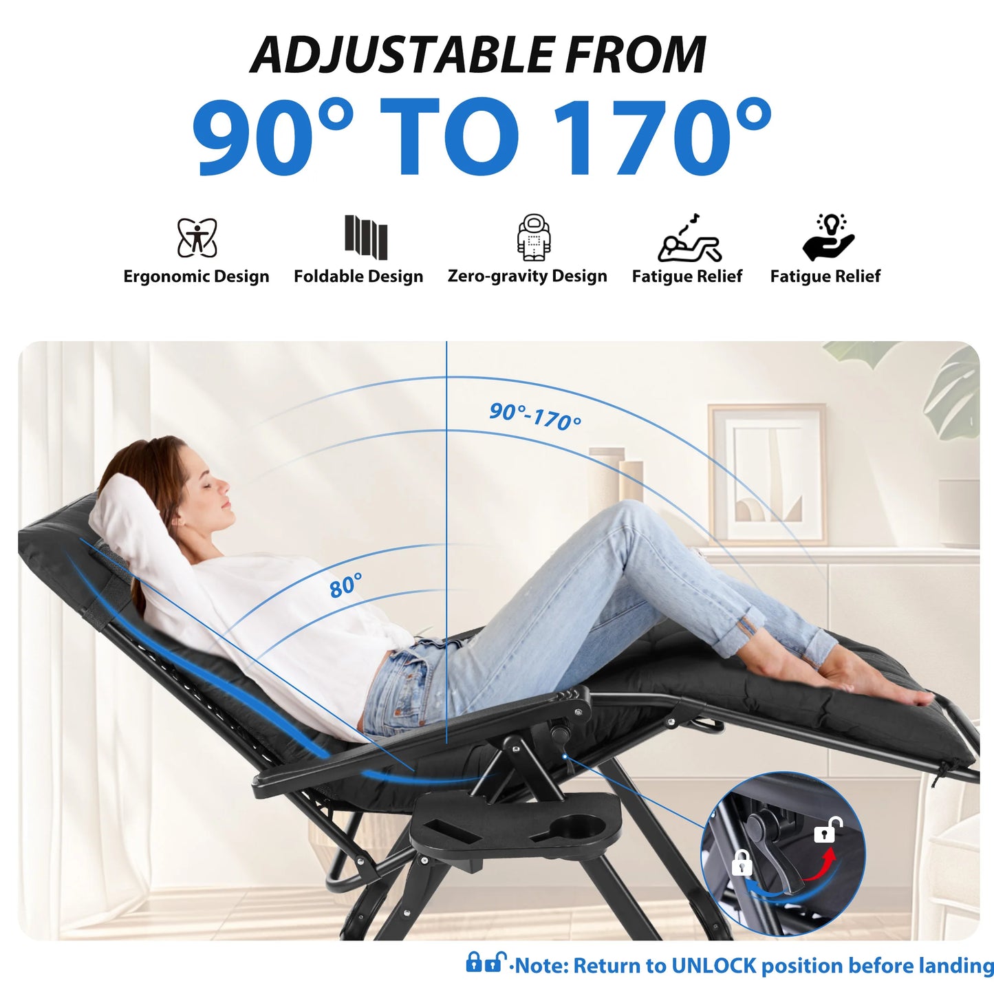 MCQ Zero Gravity Cushioned Lounge Chair Outdoor Folding Camping Padded with Cup Holder Cooler Bag Heavy Duty Chair for Garden