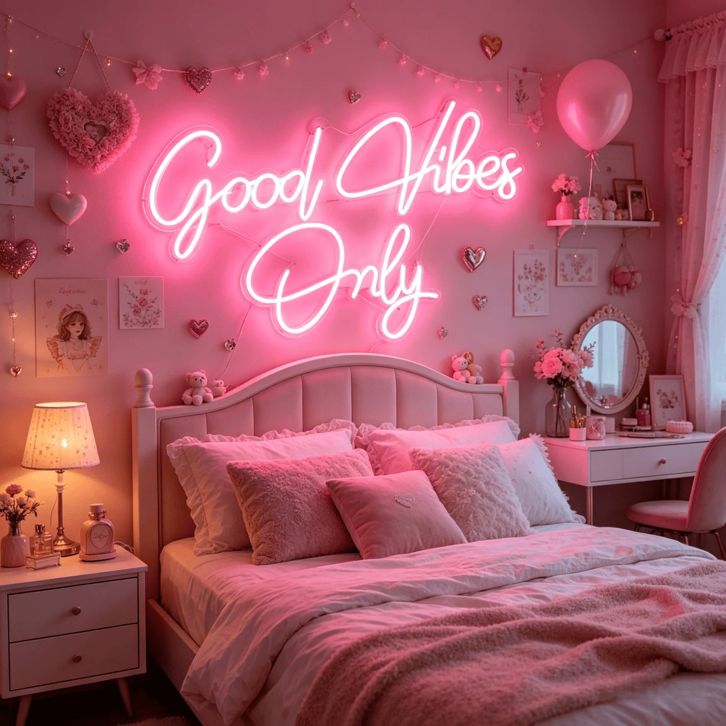 Good Vibes Only Neon Sign, Pink LED Neon Light for Wall Decor, Aesthetic Room Decor for Bedroom, USB Powered