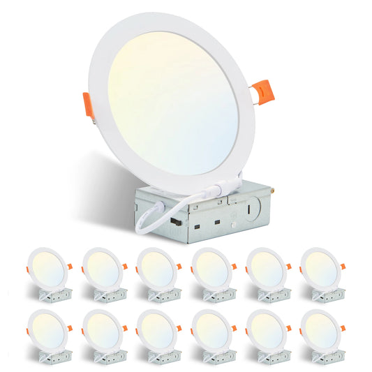 12-Piece Set of Shell-Less Led Ceiling Lights, Dimmable Recessed Downlights with Junction Box, 3000K-5000K Adjustable Color Temperature White Light