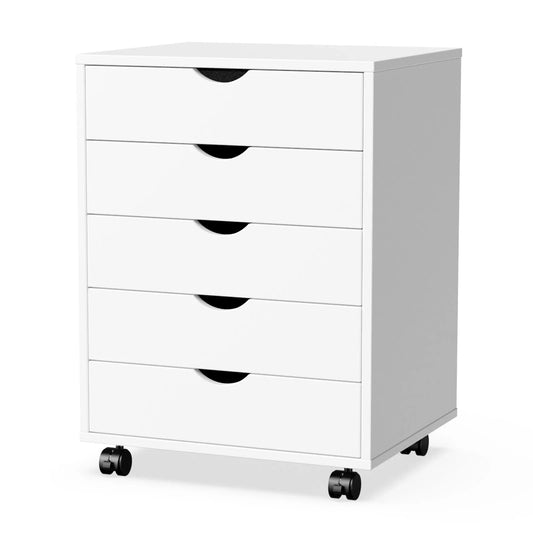 JHK Wood Nightstand Cabinet 5 Drawers Waterproof Surface Storage Organizer File Office Easy To Move Bedside Table Rotating Wheel