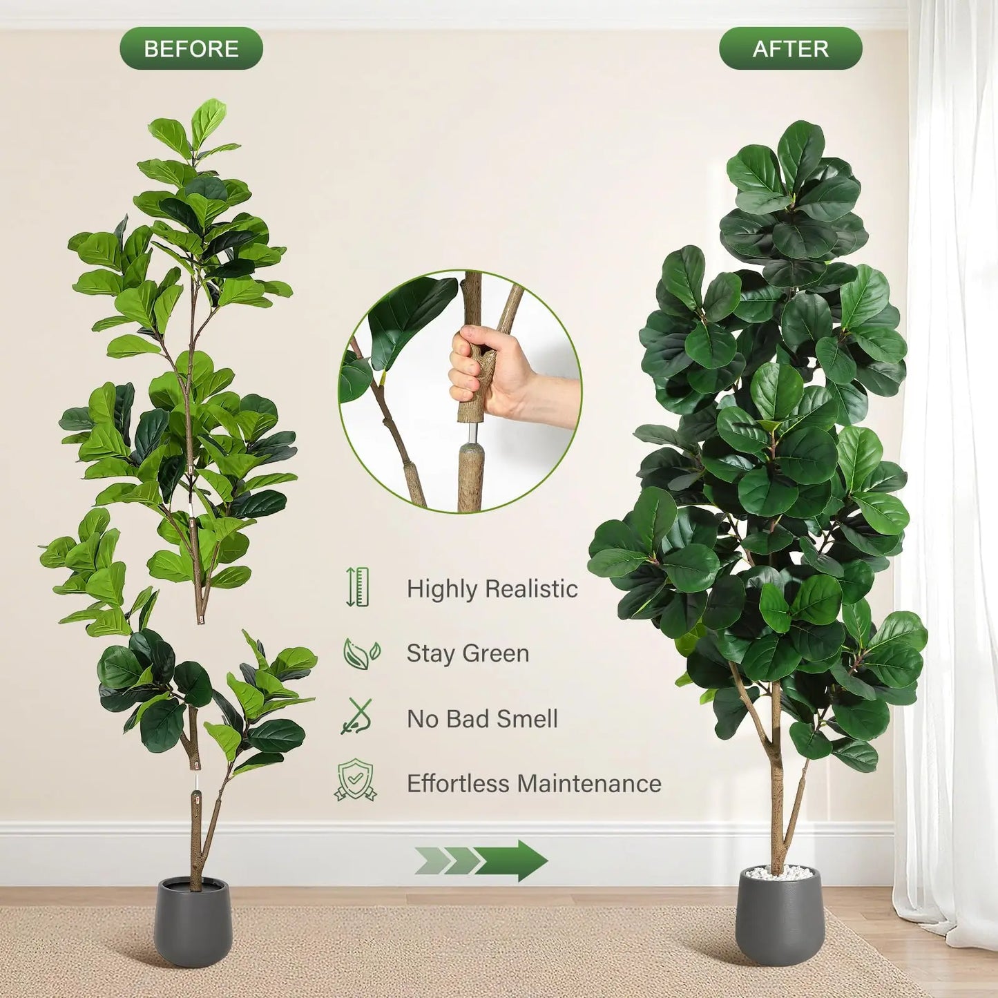 Lifelike Artificial Fiddle Leaf Fig Tree – Realistic Faux Ficus Lyrata with 141 Leaves – Indoor Decorative Plant for Home, Office, Living Room – Easy Care, Housewarming Gift