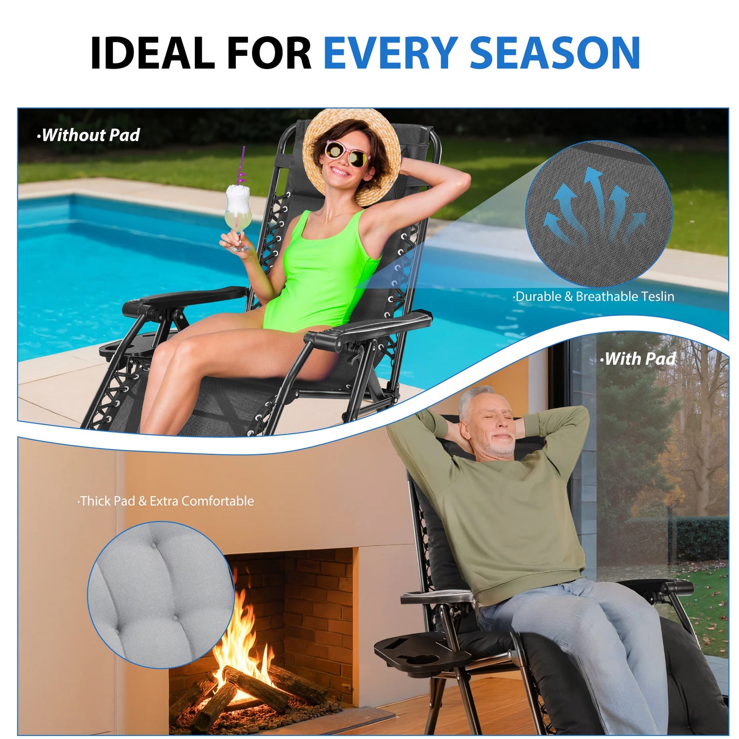 MCQ Zero Gravity Cushioned Lounge Chair Outdoor Folding Camping Padded with Cup Holder Cooler Bag Heavy Duty Chair for Garden