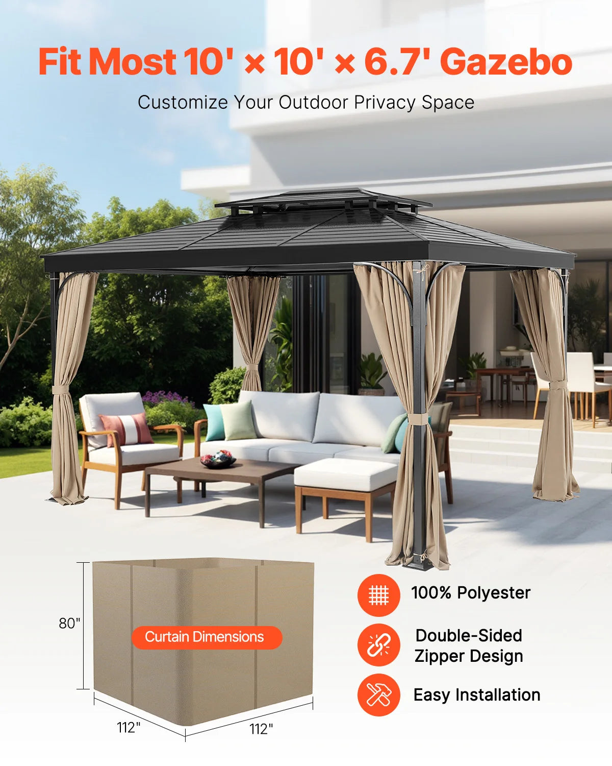 SucceBuy Gazebo Curtains 4-Panel Sidewall Gazebo Privacy Curtains with Zippers Universal Sunshade Curtains Replacement for Patio