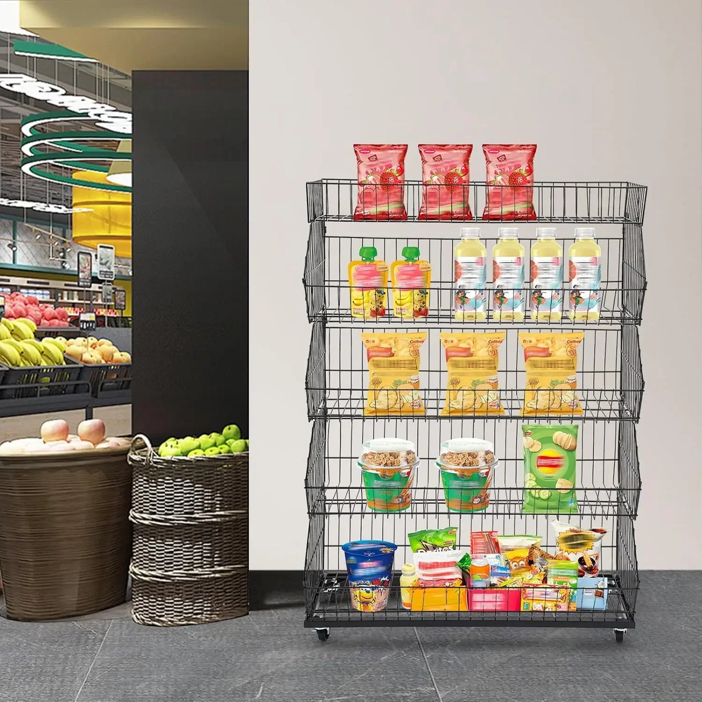5 Tier Large Wire Metal Mobile Supermarket Storage Shelf,Fruit Vegetable Snack Supply Basket for Home Store Market