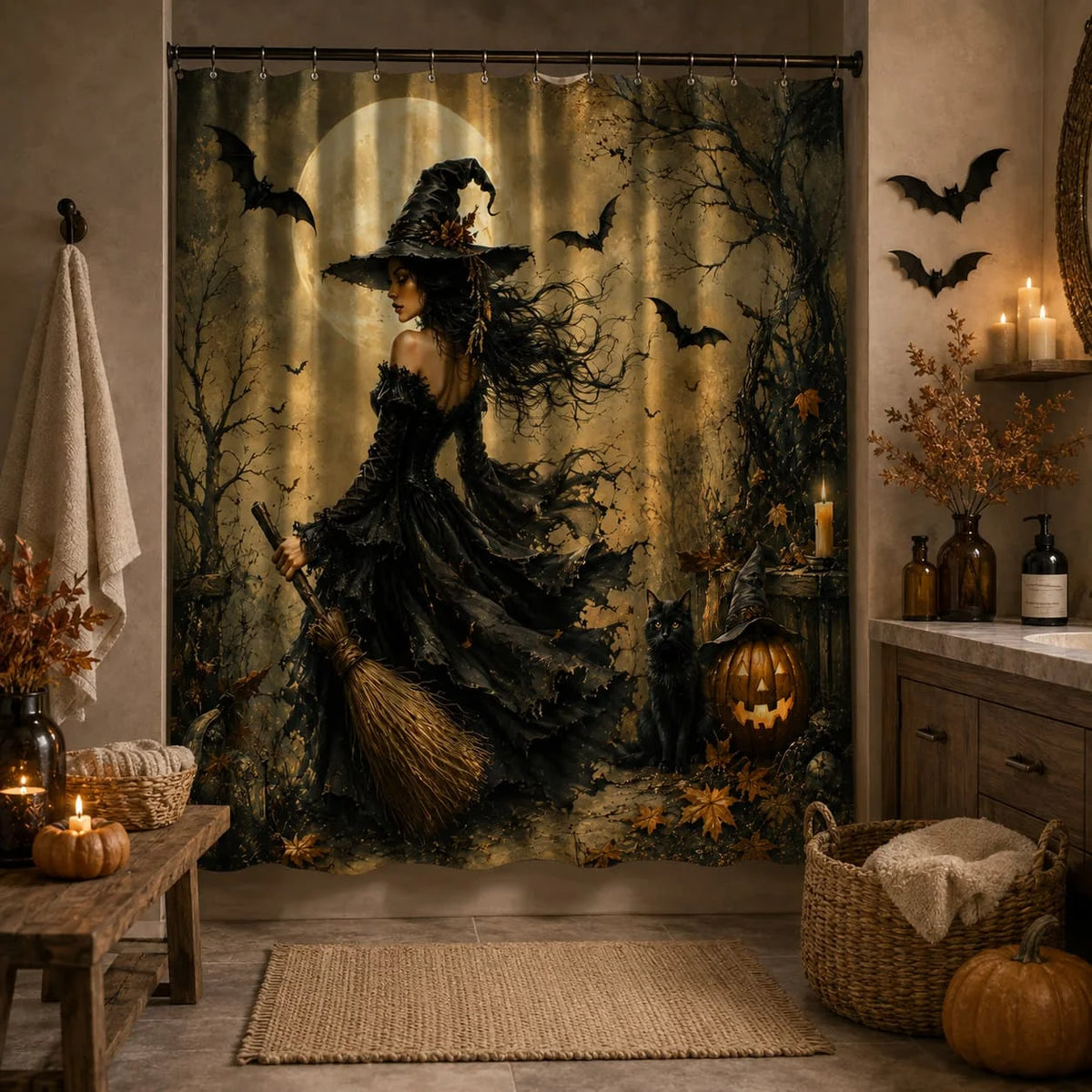 1pc Halloween Witch Themed Shower Curtain Black Cat Broomstick Moonlight And Bats Spooky Bathroom Decor Polyester Fabric Bath Hanging Curtain 70.8X70.8 Inch with Hooks