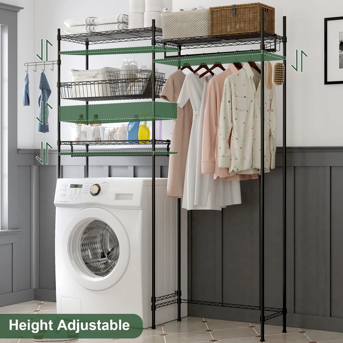 4-Tier Laundry Organizer Shelves Over The Washer and Dryer Storage Shelf Adjustable Laundry Organizer with Hanging Rod Wire Basket Hooks & Hamper