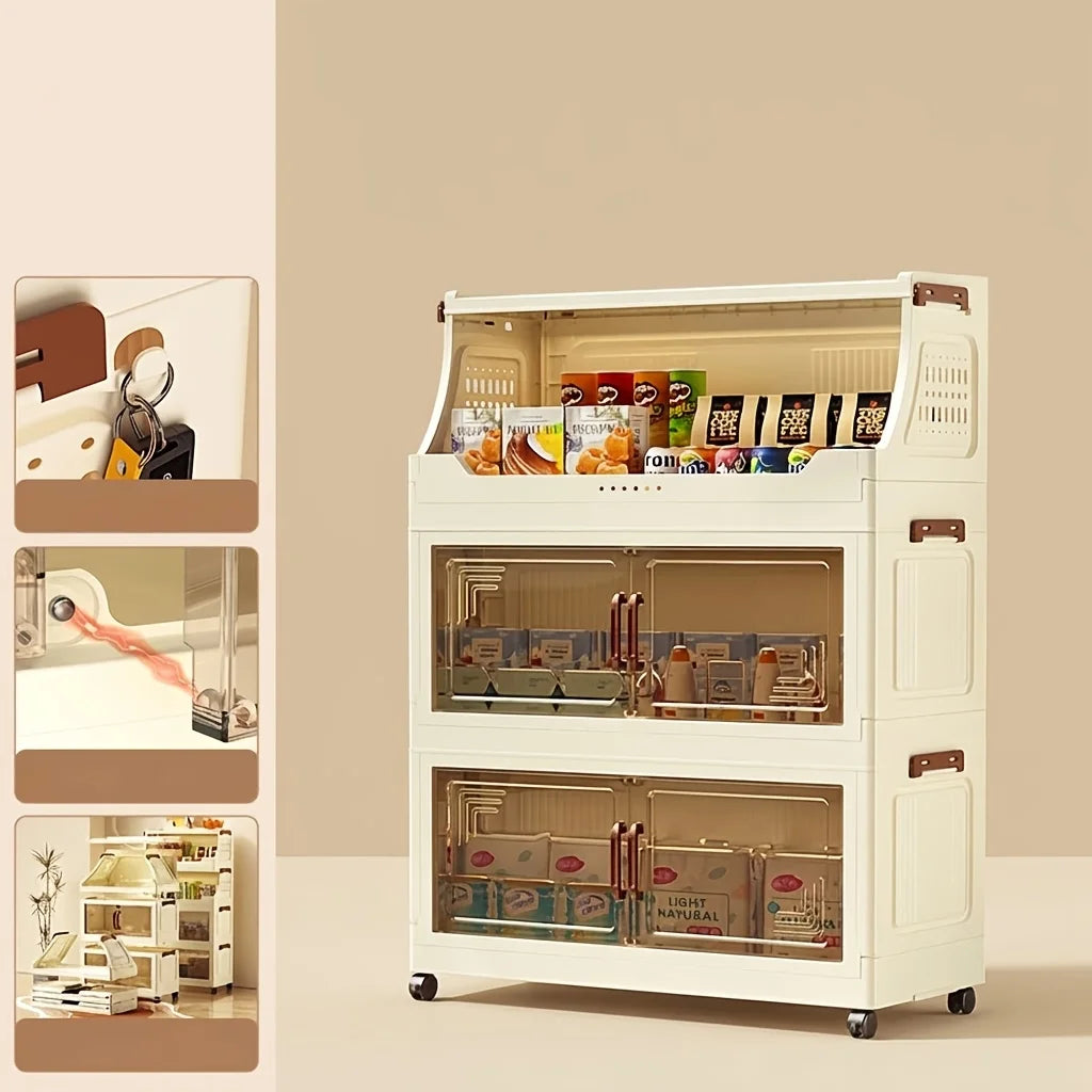 3/4-Tier Storage Cabinet with Wheels, Freestanding Kitchen Pantry Organizer with Flip Top & Transparent Doors, Plastic Rolling Storage Shelf for Snacks, Food and Home Organization