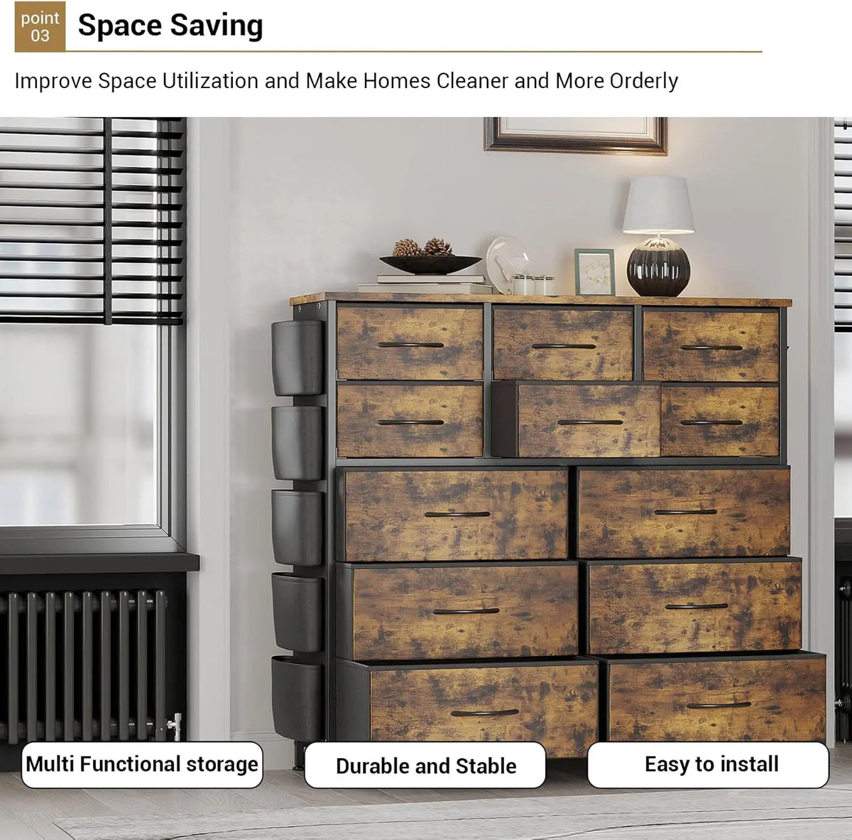 12-Drawer Dresser for Bedroom, Fabric Chest of Drawers with Side Pockets, Storage Organizer for Closet, Living Room, Hallway, Bedroom Storage Cabinet, Multi-Use Furniture