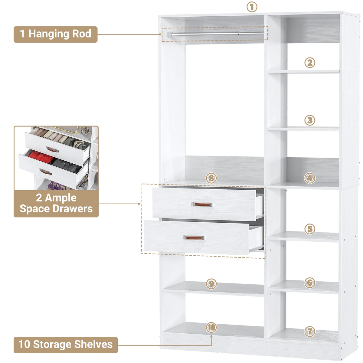 40 Inches Freestanding Closet System with 10 Shelves, 80'' Height Adjustable Cloth Garment Rack with 2 Wood Drawers