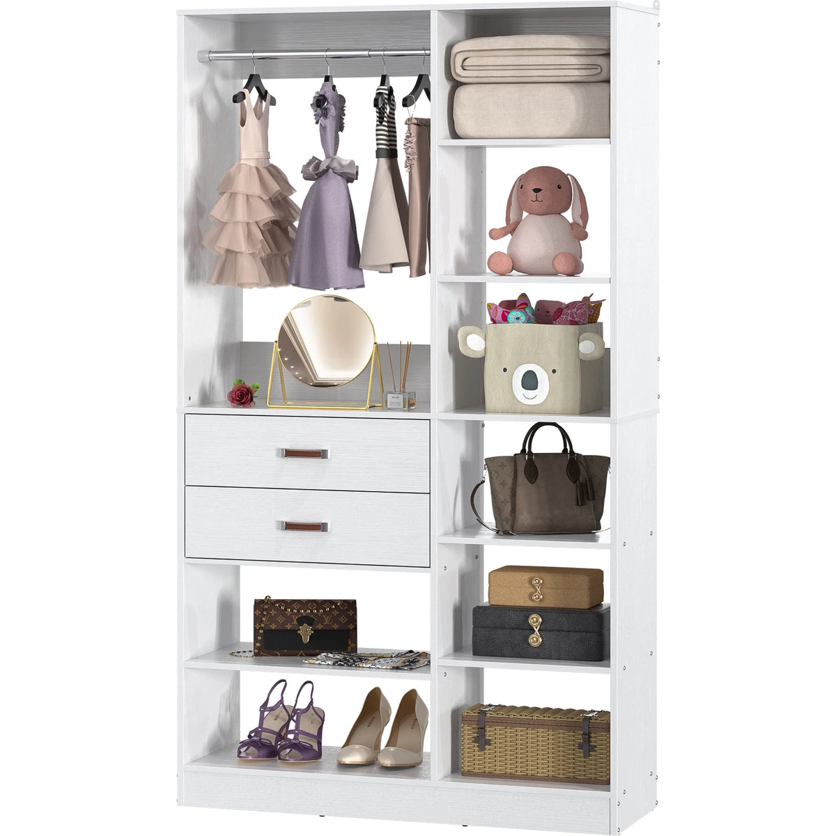 40 Inches Freestanding Closet System with 10 Shelves, 80'' Height Adjustable Cloth Garment Rack with 2 Wood Drawers