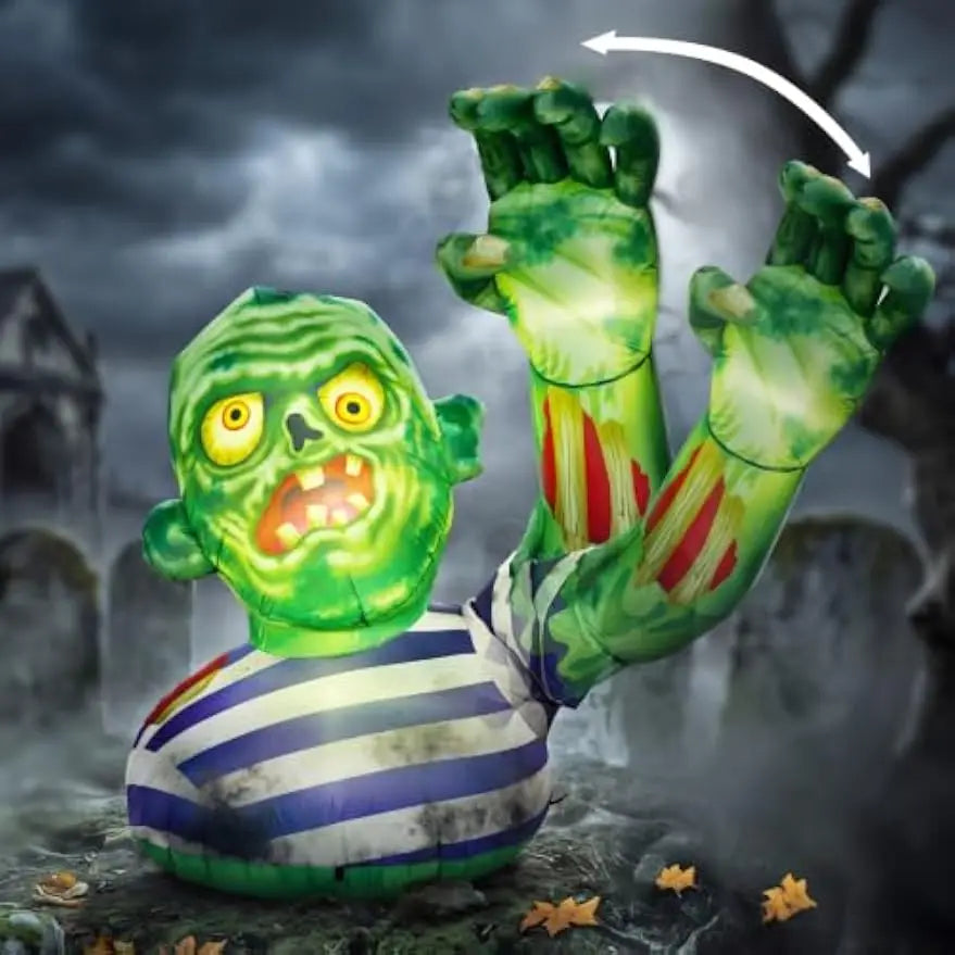 5.5FT Halloween Inflatable Zombie Decoration with Waving Raised Hand & Built-in LED Lights, Blow Up Zombie for Outdoor Yard Lawn Garden Indoor Porch Patio Home, Spooky Halloween Inflatable Decor