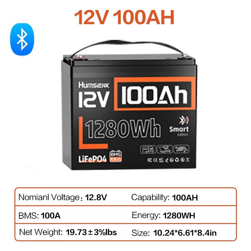 Humsienk 12V 100Ah 150Ah 320Ah 314Ah 640Ah LiFePO4 Rechargeable Lithium Battery Built-in BMS For RV /Camp/ Solar Energy Storage
