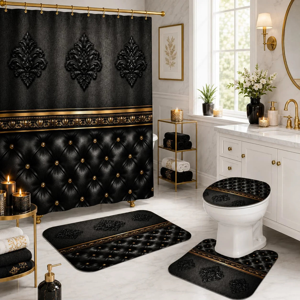 2D Flat, 2D Flat 4pcs Baroque Elegance Shower Curtain Set, Black and Golden Ornate Pattern Bathroom Decor, Accessories with Bath Mat, U - Shaped Mat, Toilet Lid Cover, Shower Curtain Includes Hooks, Luxury Home Aesthetic, Hom