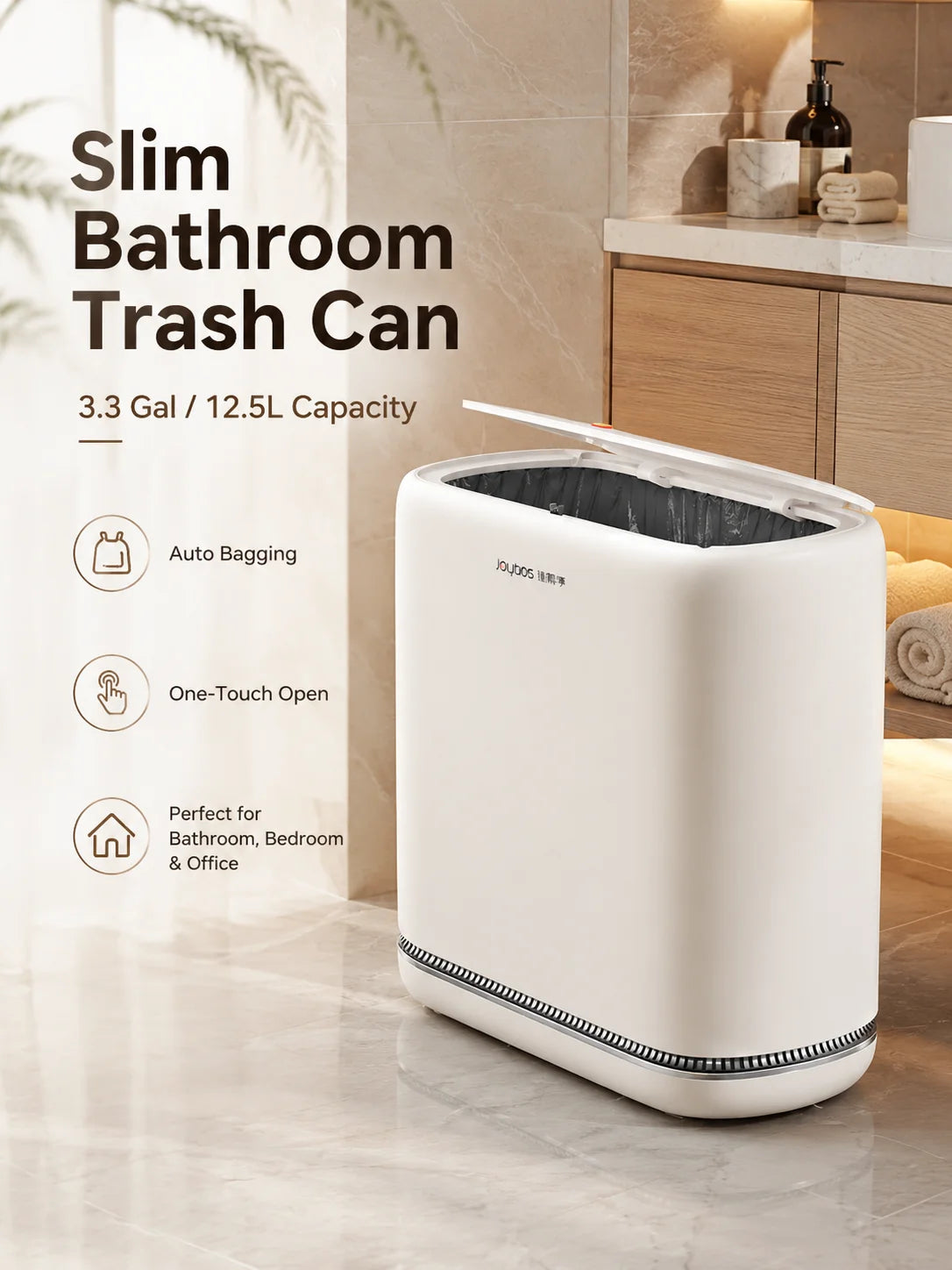 Joybos 3.3 Gallon Slim Trash Can For Bathroom, Auto-Bagging & One-Press Lid, 12.5L Large Waste Bin For Narrow Gap, Modern Hands-Free Garbage Pail For Bedroom Office
