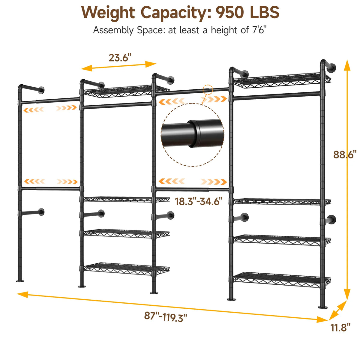L4 Wall Mounted Industrial Pipe  Clothes Rack, Closet Organizer System with Rods Expandable, Clothing Rack, Corner Garment Rack