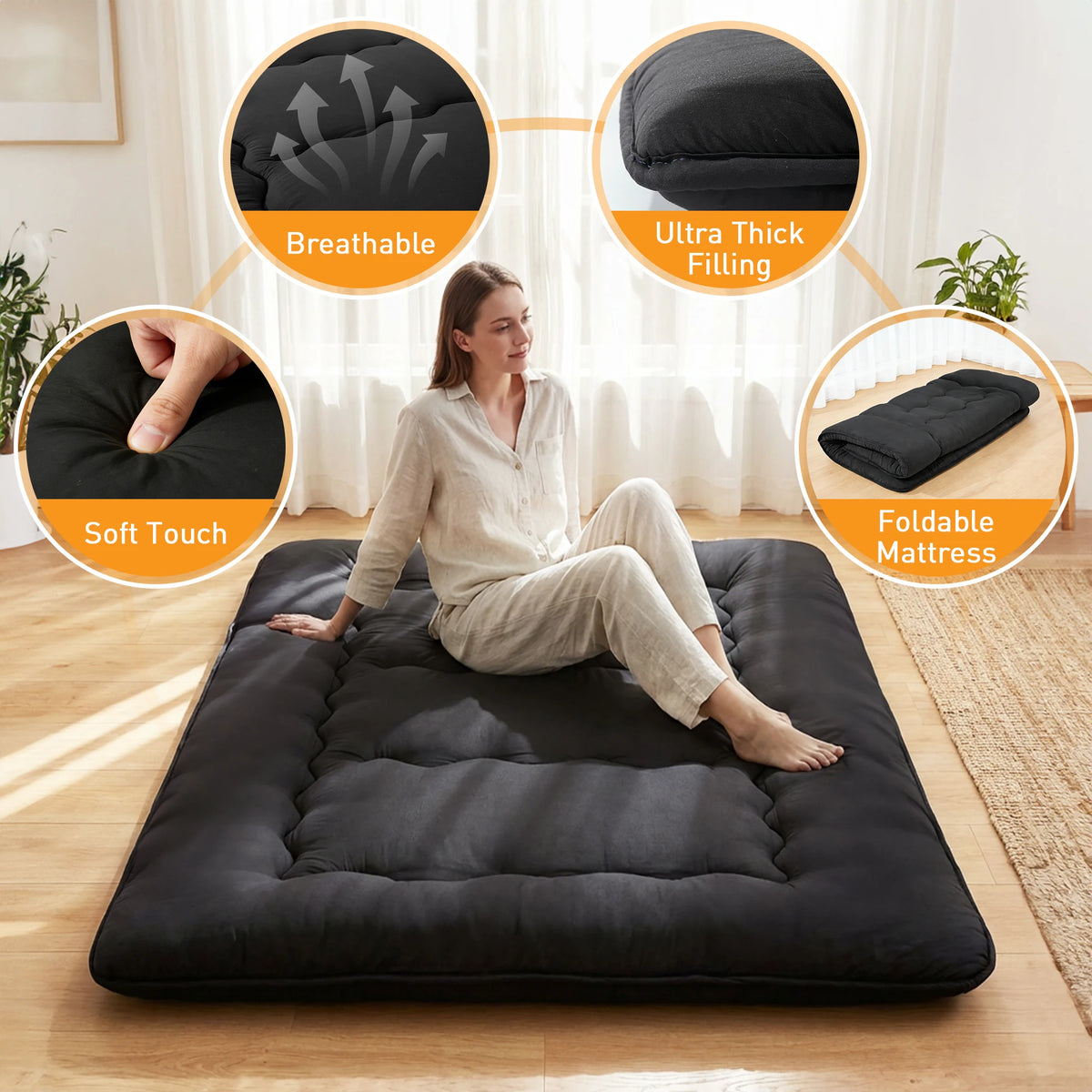 JHK 4 Inch Soft Floor Mattress Portable Foldable with Removable Washable Cover Breathable Bed Topper Sleeper Sofa Bedroom