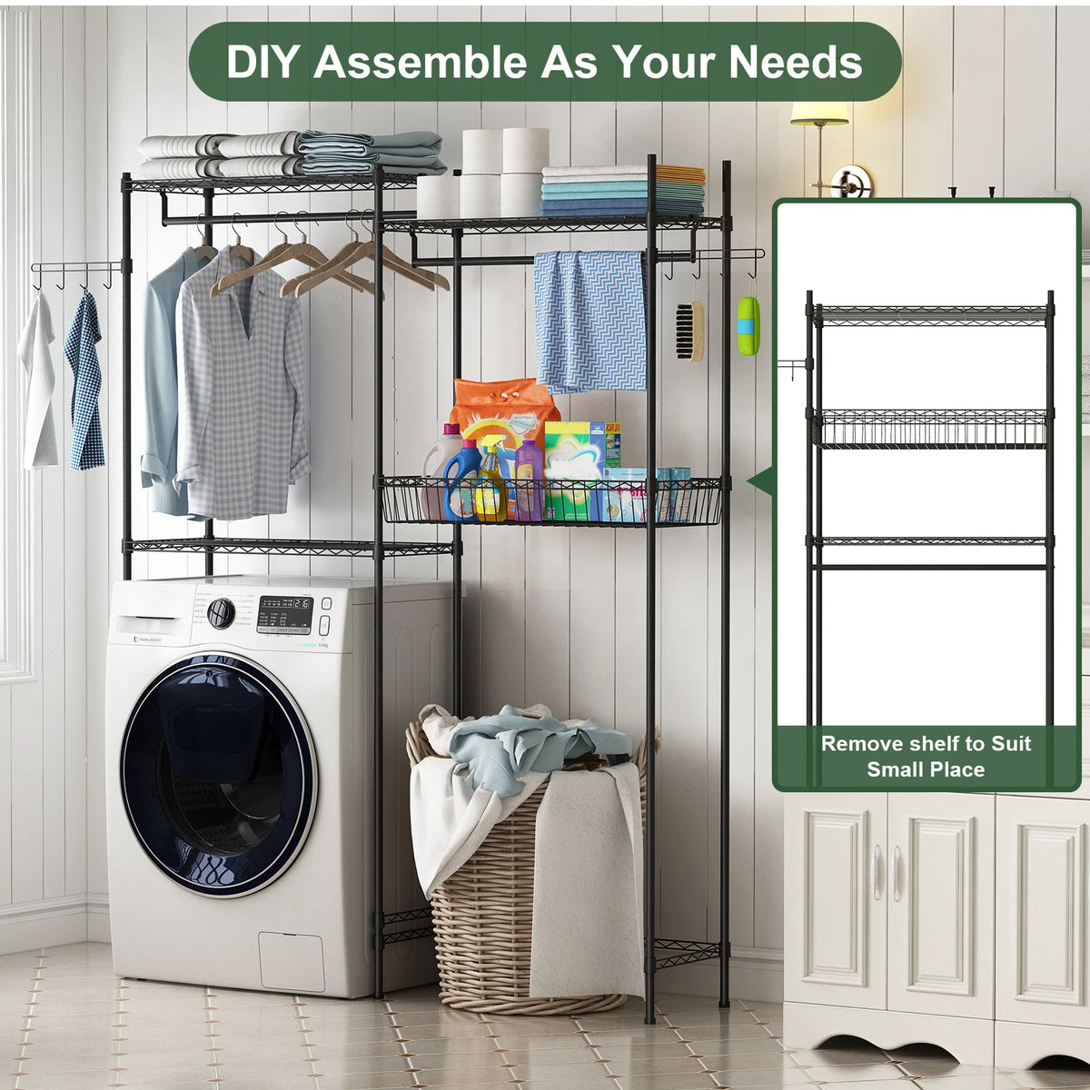4-Tier Laundry Organizer Shelves Over The Washer and Dryer Storage Shelf Adjustable Laundry Organizer with Hanging Rod Wire Basket Hooks & Hamper