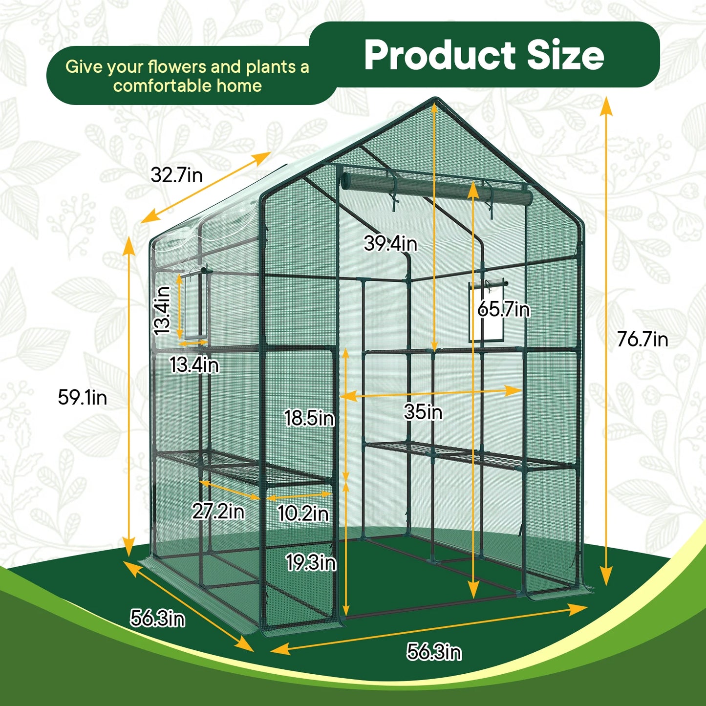 JHK 56 Inch Portable Walk-In Greenhouse for Outdoor Plants with Screen Windows Heavy Duty 22Lbs Capacity Green House for Garden