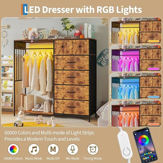 Adult Bedroom Wardrobe 6 Drawers LED Lighting Charging Station Sturdy Iron Frame Wooden Surface Clothes Wardrobe