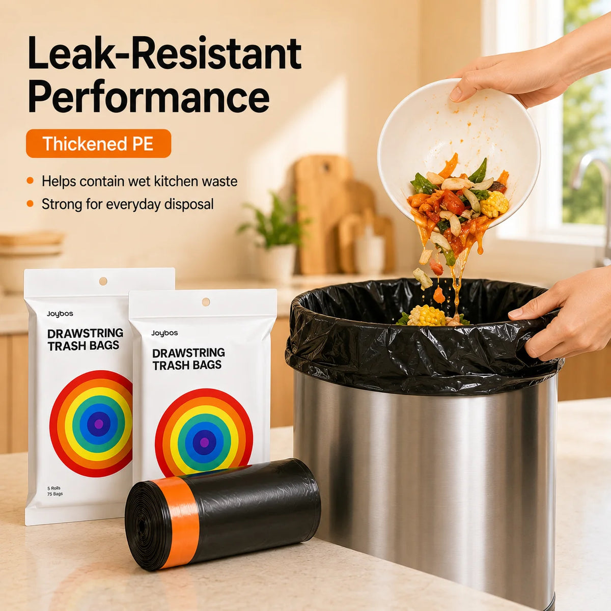 Joybos Easy Pull Drawstring Trash Bags, 2 Packs 150 Count