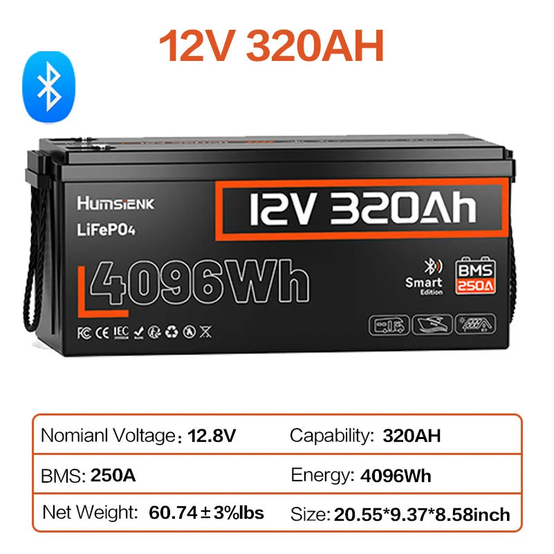 Humsienk 12V 100Ah 150Ah 320Ah 314Ah 640Ah LiFePO4 Rechargeable Lithium Battery Built-in BMS For RV /Camp/ Solar Energy Storage