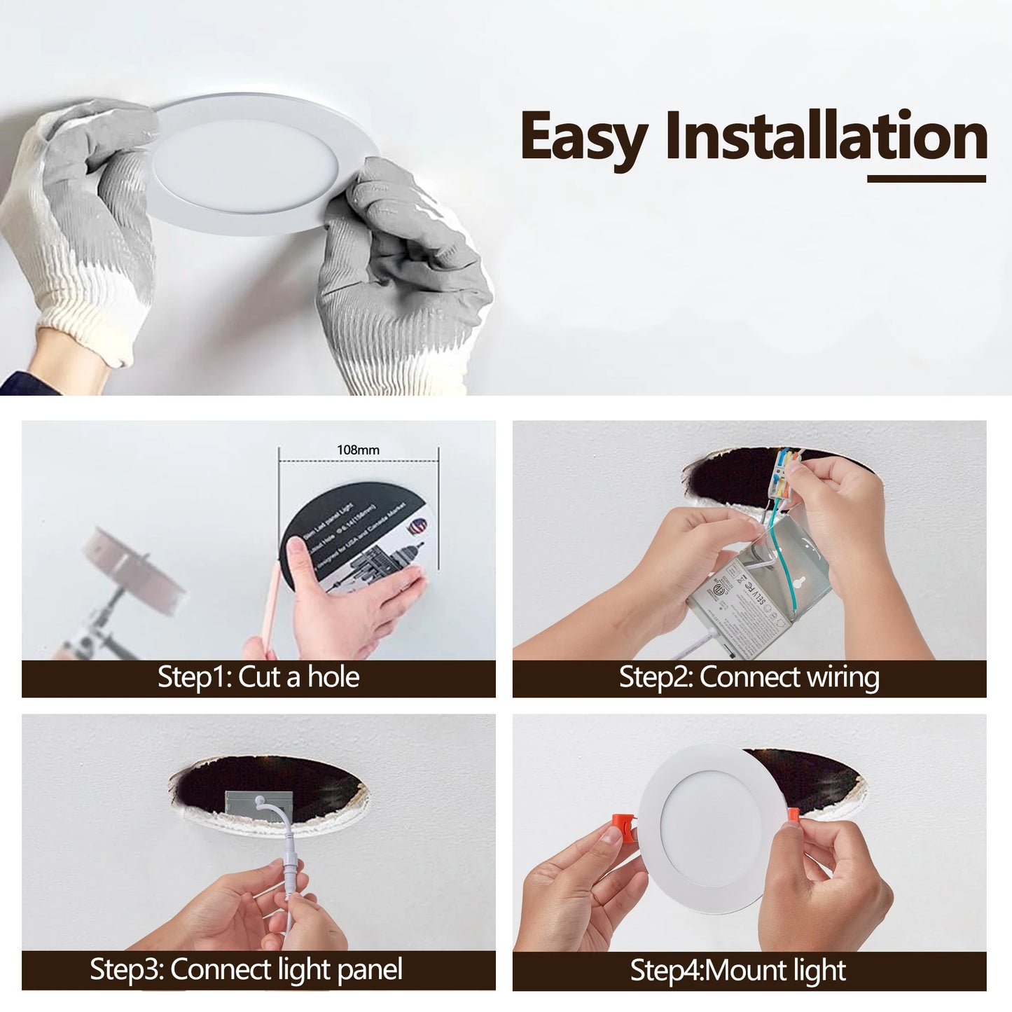 12-Piece Set of Shell-Less Led Ceiling Lights, Dimmable Recessed Downlights with Junction Box, 3000K-5000K Adjustable Color Temperature White Light