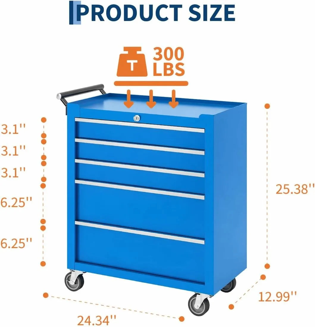 5 Drawer Rolling Tool Chest with Locking Tool Cabinet Cart, Portable Metal Tool Storage Organizer with Wheels for Garage Workshop Repair and DIY Projects