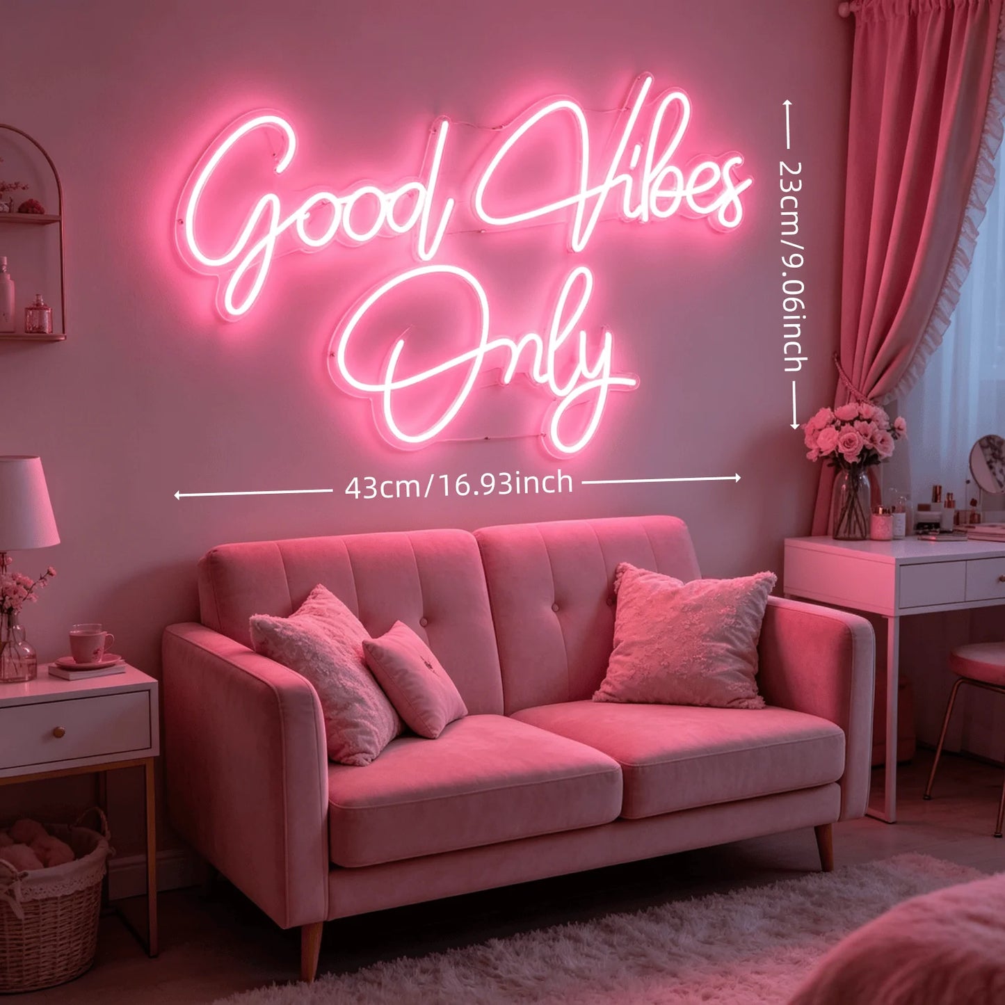 Good Vibes Only Neon Sign, Pink LED Neon Light for Wall Decor, Aesthetic Room Decor for Bedroom, USB Powered