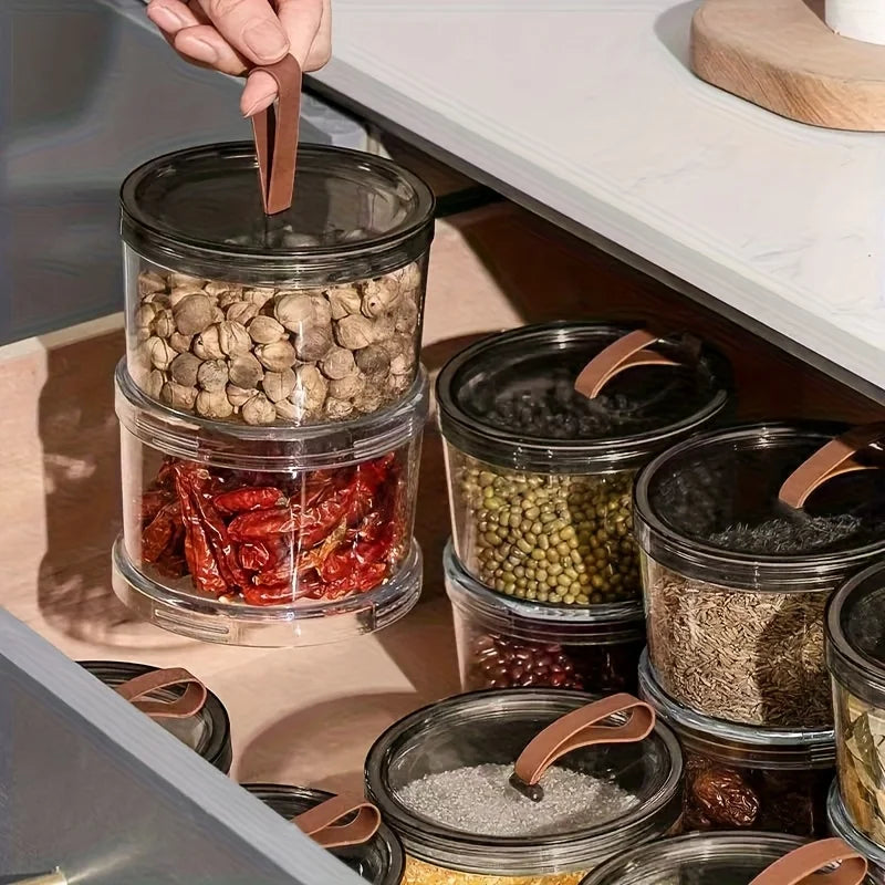2Pcs Three-Layer Round Spice Storage Box, Grain Storage Jar, Pepper And Seasoning Container, Multi-Layer Transparent Sealed Preservation Box, Made of Food-Grade Material, Reusable Container, Suitable for Grains, Cereals, Snac
