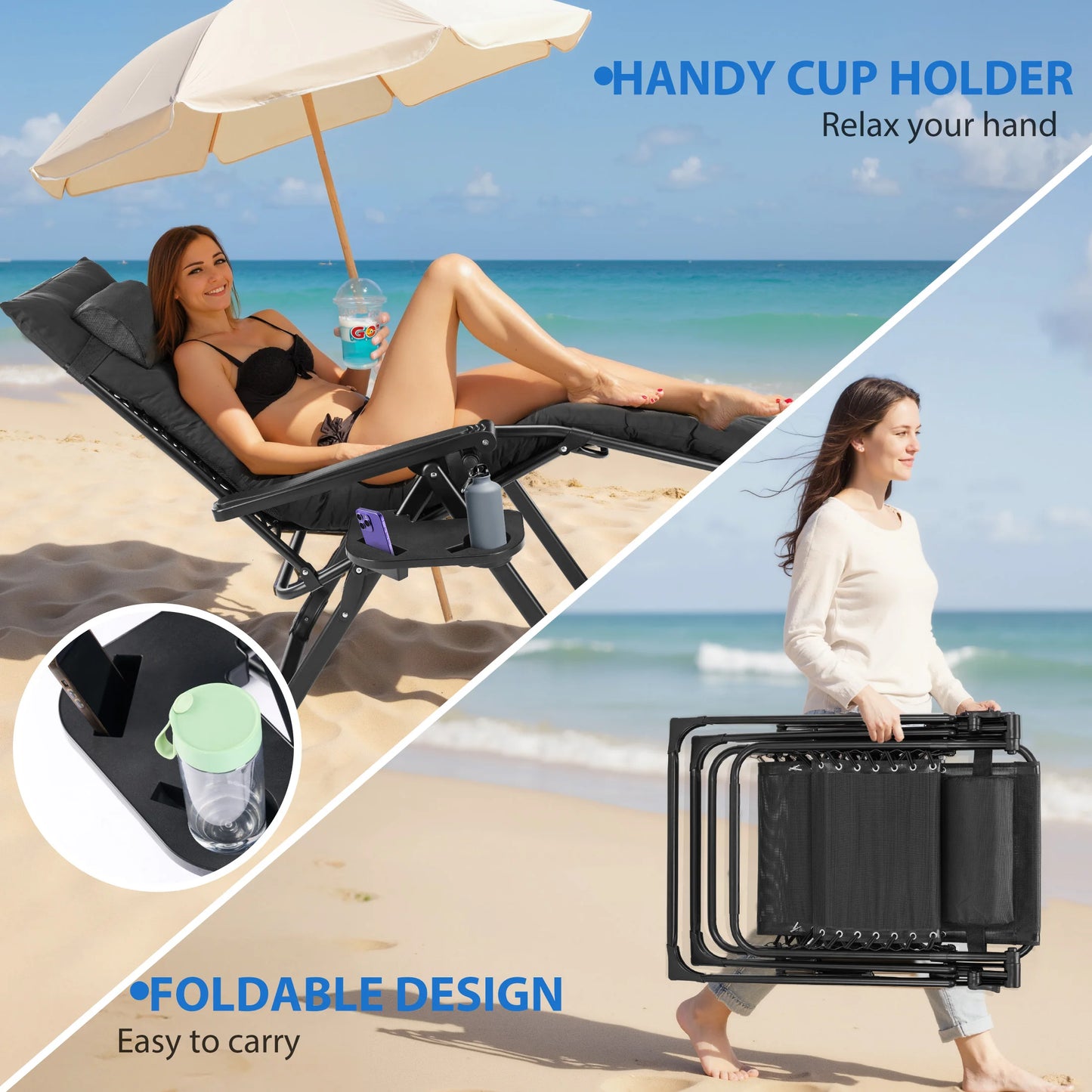 MCQ Zero Gravity Cushioned Lounge Chair Outdoor Folding Camping Padded with Cup Holder Cooler Bag Heavy Duty Chair for Garden