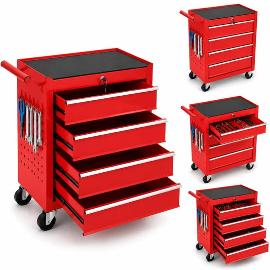 4 Drawer Rolling Tool Chest with Wheels, Locking Tool Storage Cabinet Cart, Portable Carbon Steel Toolbox Organizer with Hooks for Garage Workshop Auto Repair DIY