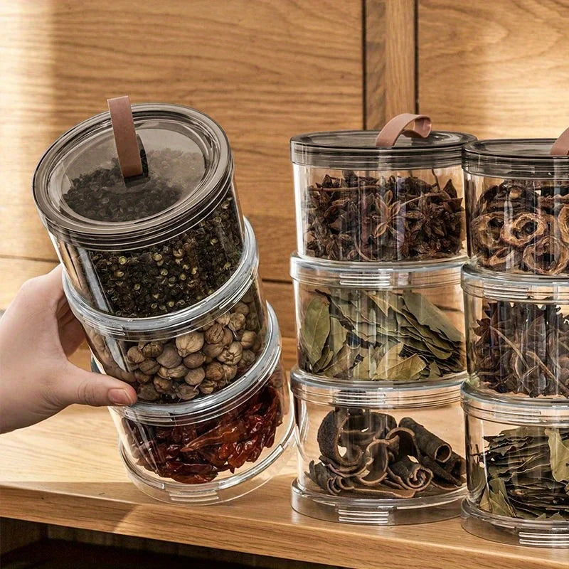 2Pcs Three-Layer Round Spice Storage Box, Grain Storage Jar, Pepper And Seasoning Container, Multi-Layer Transparent Sealed Preservation Box, Made of Food-Grade Material, Reusable Container, Suitable for Grains, Cereals, Snac