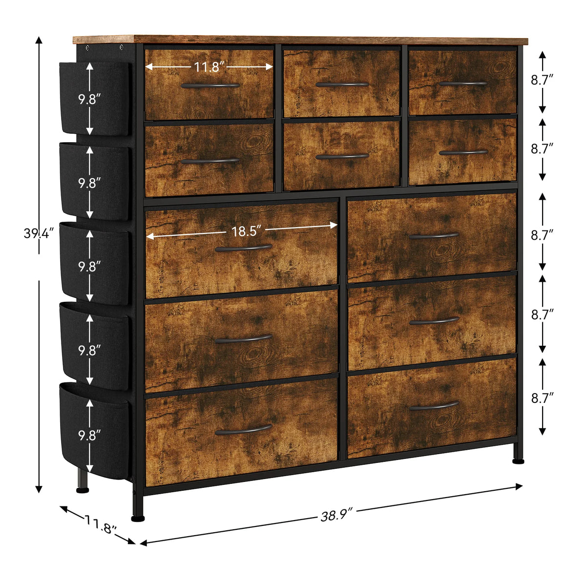 12-Drawer Dresser for Bedroom, Fabric Chest of Drawers with Side Pockets, Storage Organizer for Closet, Living Room, Hallway, Bedroom Storage Cabinet, Multi-Use Furniture