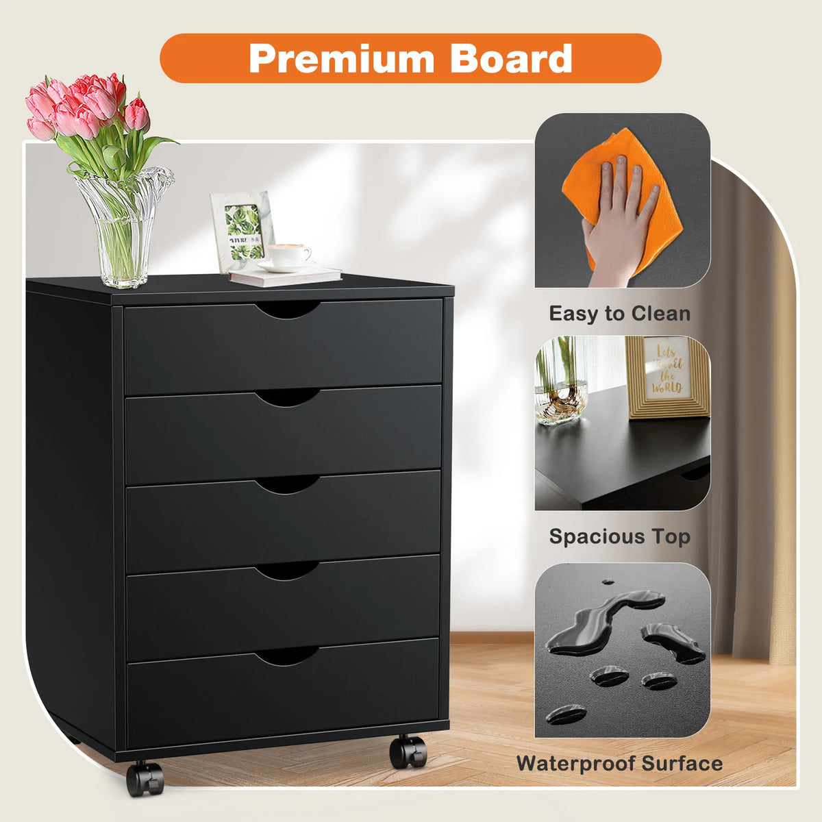 JHK Wood Nightstand Cabinet 5 Drawers Waterproof Surface Storage Organizer File Office Easy To Move Bedside Table Rotating Wheel
