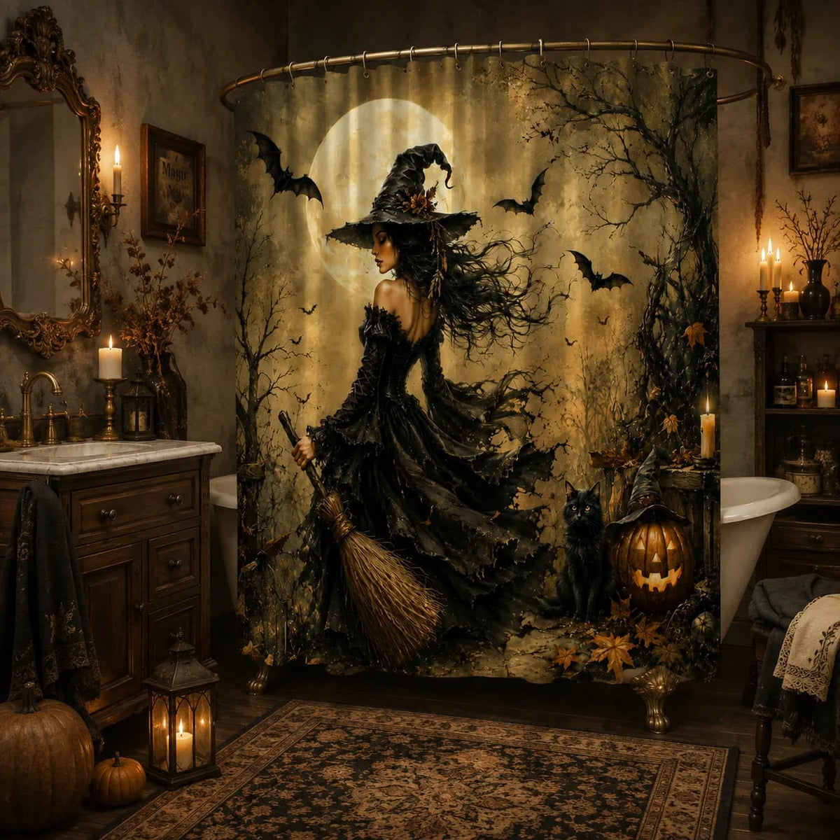 1pc Halloween Witch Themed Shower Curtain Black Cat Broomstick Moonlight And Bats Spooky Bathroom Decor Polyester Fabric Bath Hanging Curtain 70.8X70.8 Inch with Hooks
