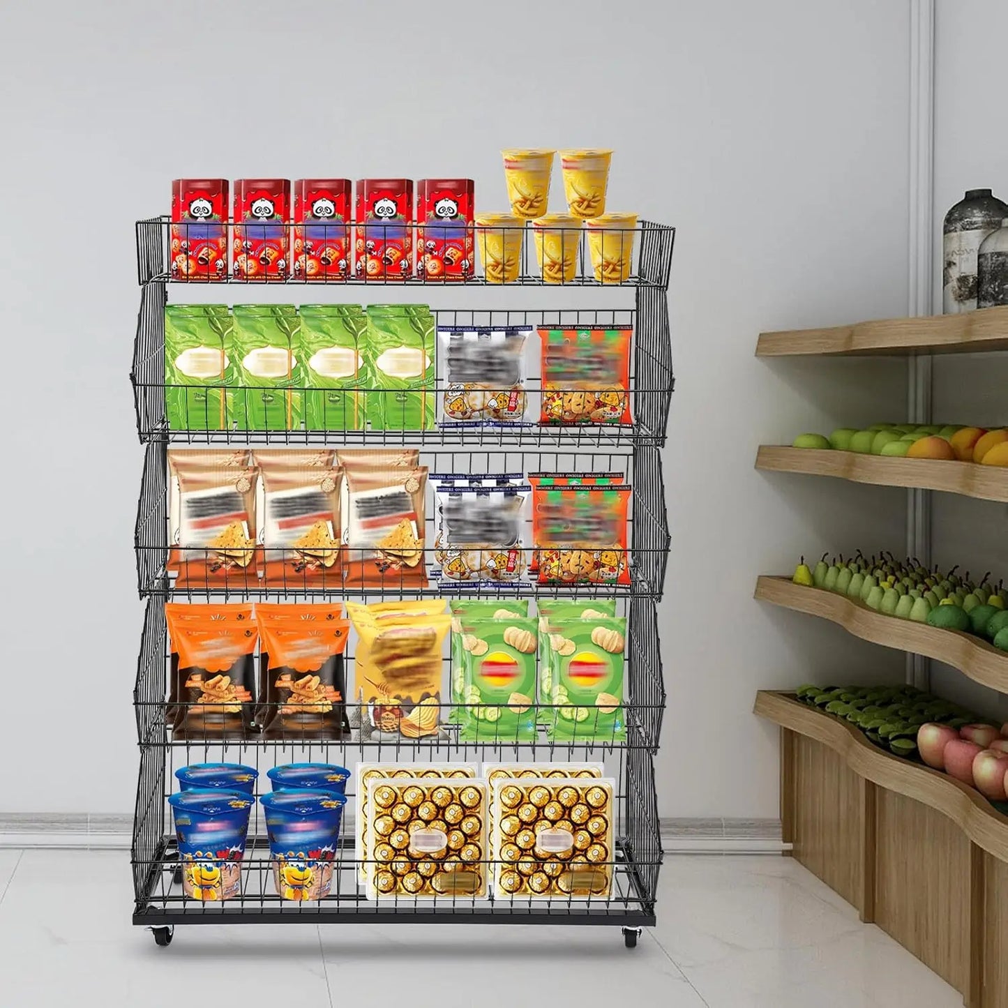 5 Tier Large Wire Metal Mobile Supermarket Storage Shelf,Fruit Vegetable Snack Supply Basket for Home Store Market