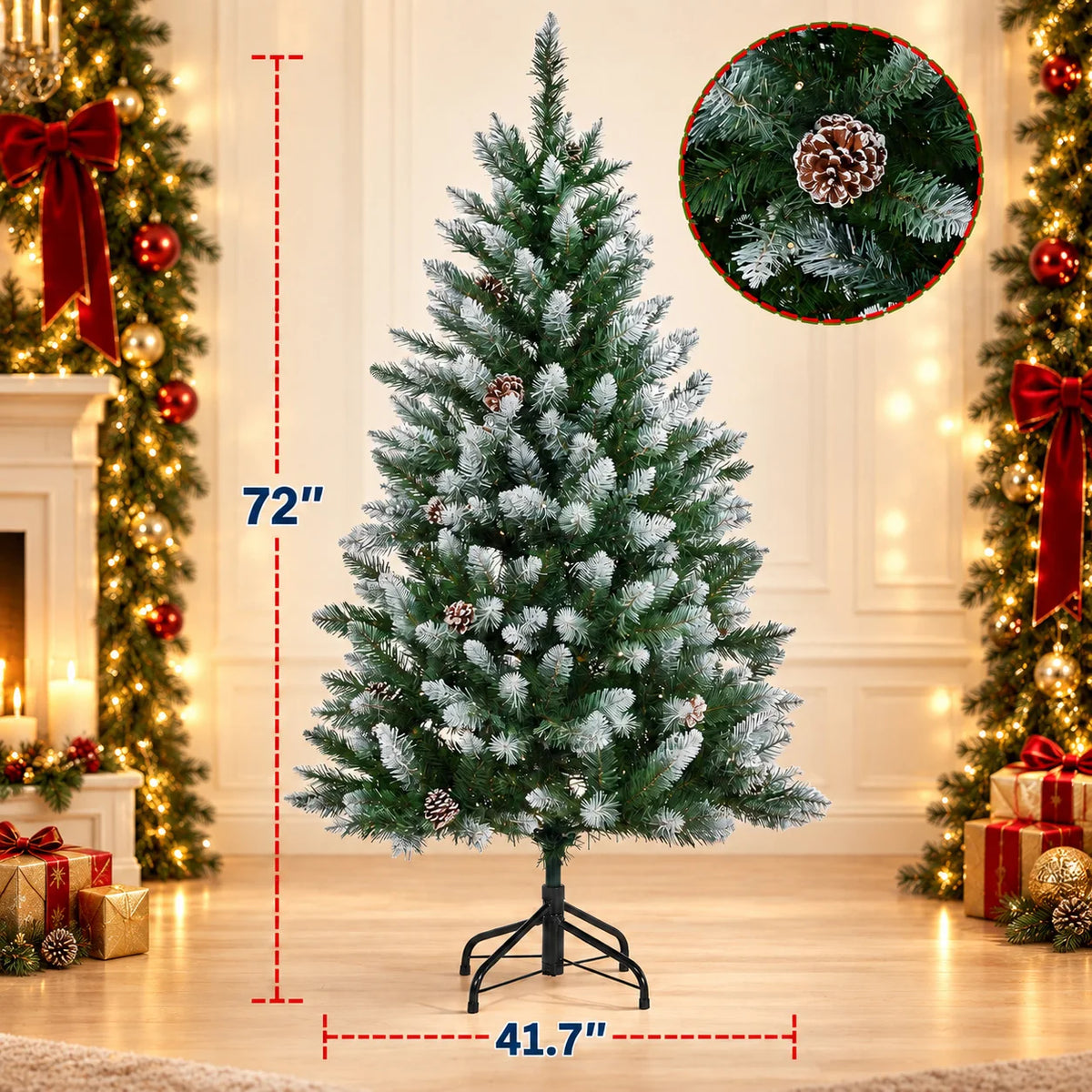 Pre-Lit Flocked Artificial Christmas Tree 6‘/9’ with Warm White LED Lights, Realistic Pine Branches, Snow Covered Xmas Tree, Slim Space Saving Design, Sturdy Metal Stand, Indoor Outdoor Holiday Decoration