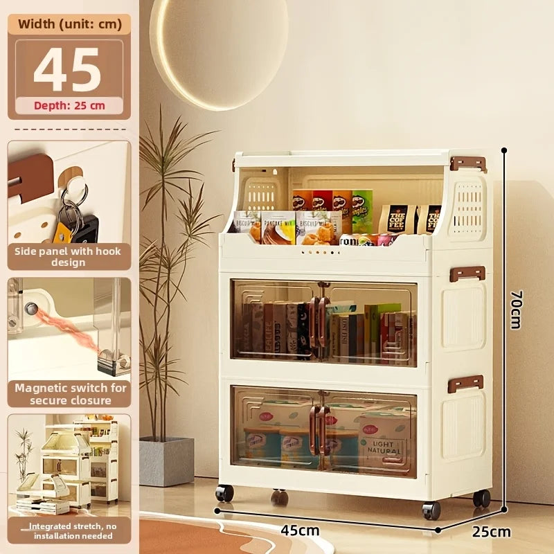 3/4-Tier Storage Cabinet with Wheels, Freestanding Kitchen Pantry Organizer with Flip Top & Transparent Doors, Plastic Rolling Storage Shelf for Snacks, Food and Home Organization