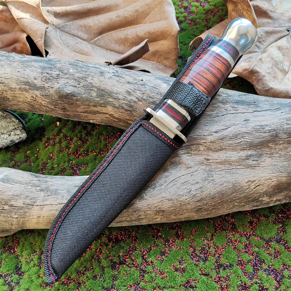 High-Quality 8CR15Mov Steel Blade Hunting Knife with Wooden Handle - Sharp and Reliable Straight Knife with Oxford Cloth Cover