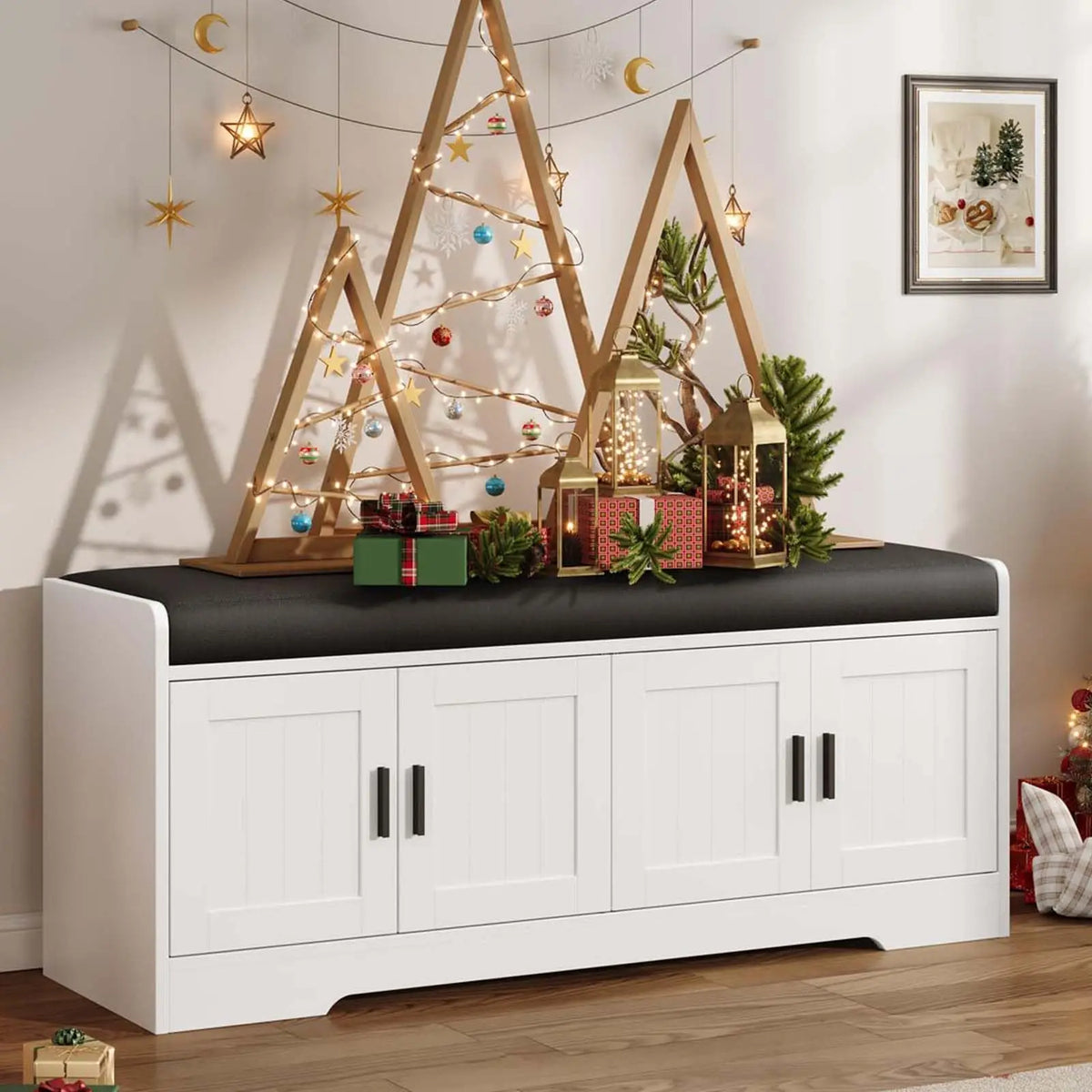 45" Storage Bench With Padded Cushion, 4 Door Hidden Shoe Cabinet, 2 Tier Entryway Bench For Hallway Living Room Bedroom