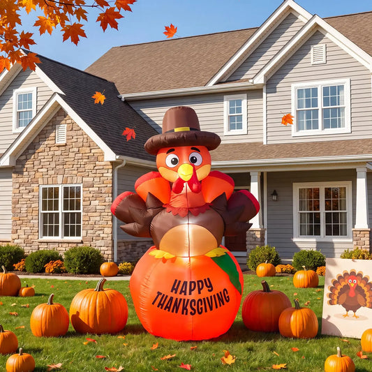 6ft Thanksgiving Inflatable Pumpkin Turkey With 7 Led Lights, Blow Up Outdoor Yard Lawn Garden Porch Party Indoor Decor Toy Display