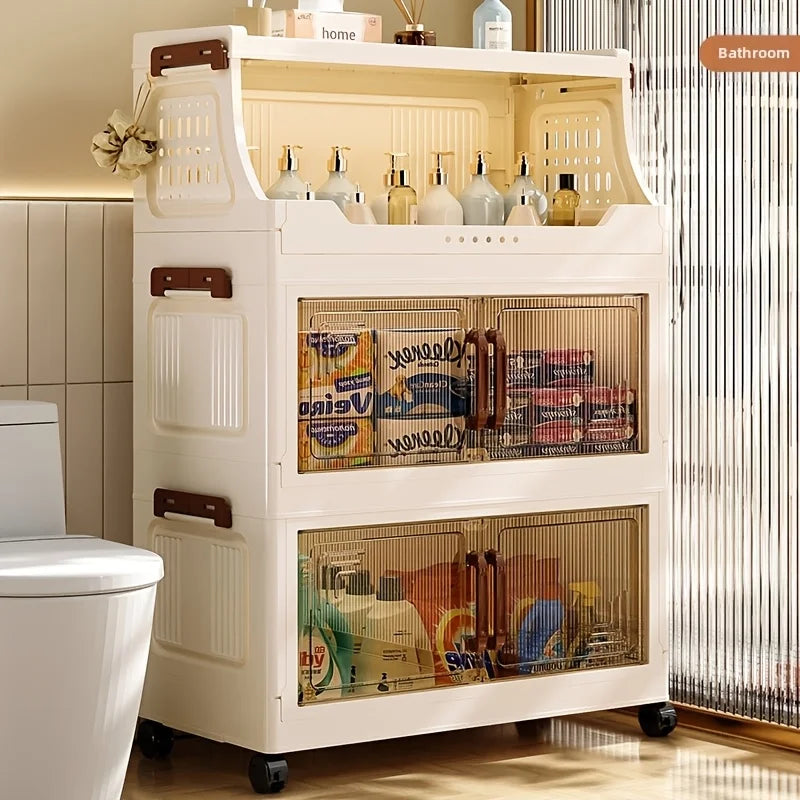 3/4-Tier Storage Cabinet with Wheels, Freestanding Kitchen Pantry Organizer with Flip Top & Transparent Doors, Plastic Rolling Storage Shelf for Snacks, Food and Home Organization