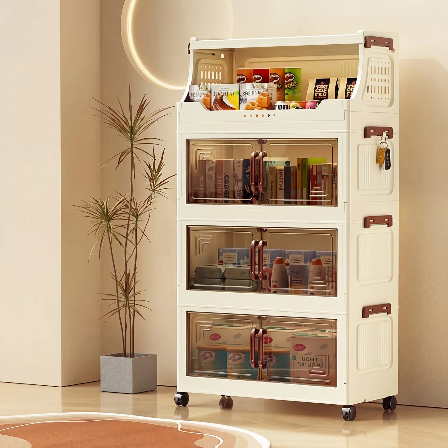 3/4-Tier Storage Cabinet with Wheels, Freestanding Kitchen Pantry Organizer with Flip Top & Transparent Doors, Plastic Rolling Storage Shelf for Snacks, Food and Home Organization