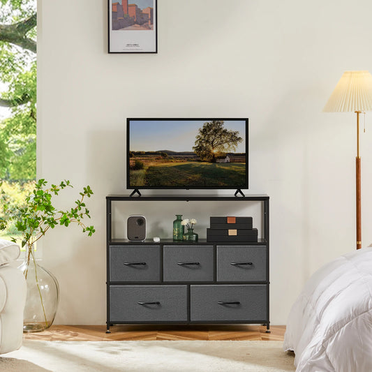 JHK Fireplace TV Stand Dresser For Bedroom With 5 Fabric Drawers Storage Closet Chest Clothes Storage Display Cabinet Furniture