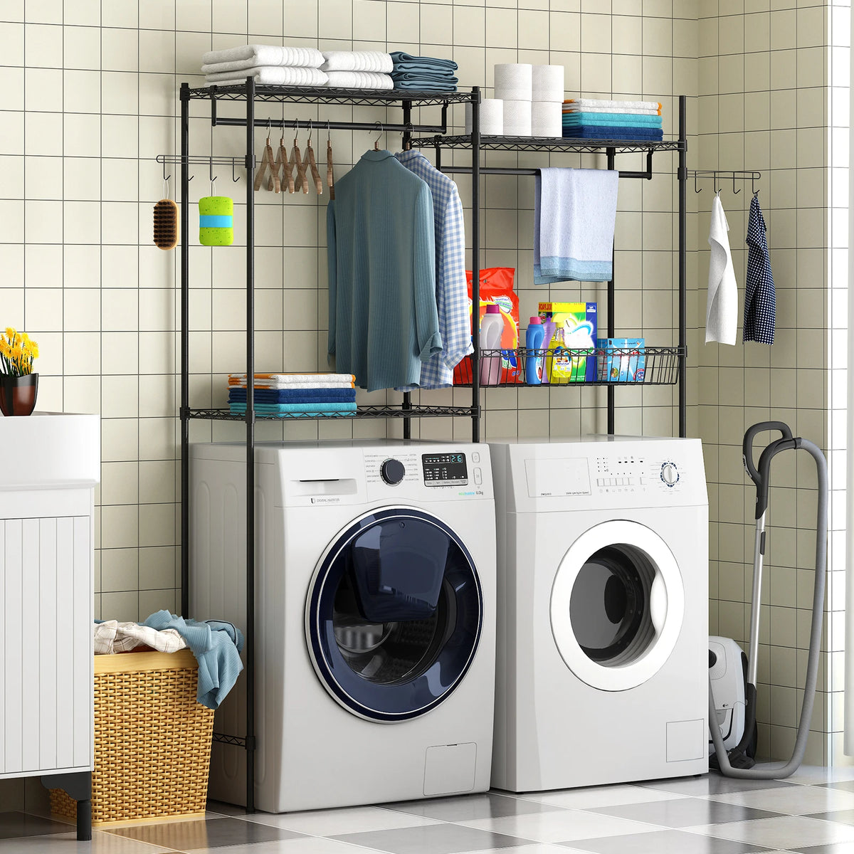 4-Tier Laundry Organizer Shelves Over The Washer and Dryer Storage Shelf Adjustable Laundry Organizer with Hanging Rod Wire Basket Hooks & Hamper